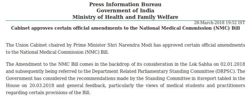 PIB Press Release on NMC Bill