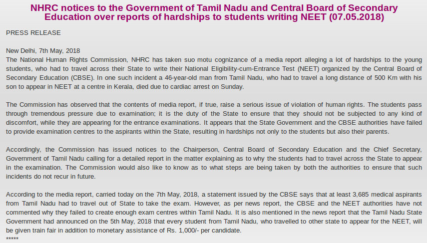 NHRC Notice on NEET exam centres