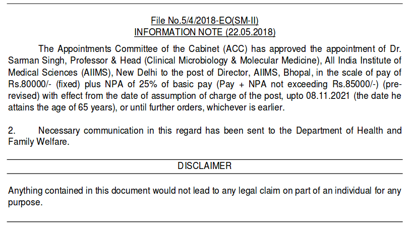 AIIMS Bhopal Director Appointment