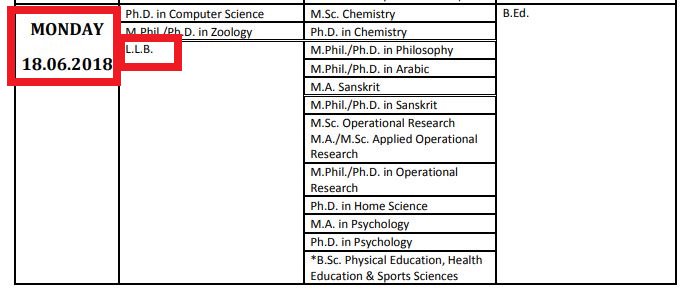 DU LLB Exam Date June 18