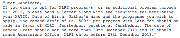 XAT 2019 Notice on XLRI and Additional Programme Application