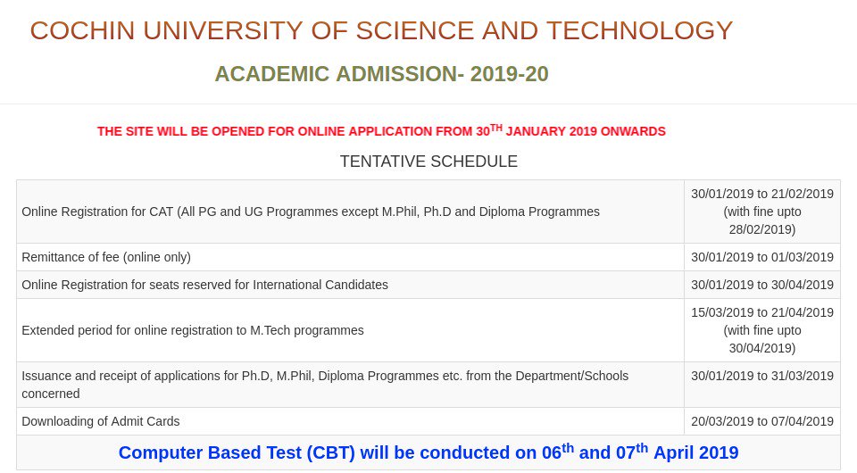 CUSAT CAT Notification