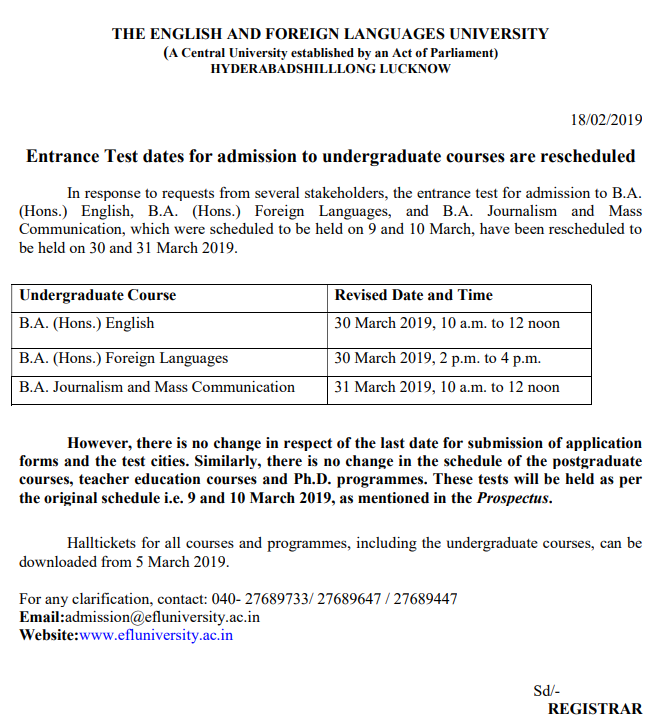 EFLU 2019 exam dates rescheduled