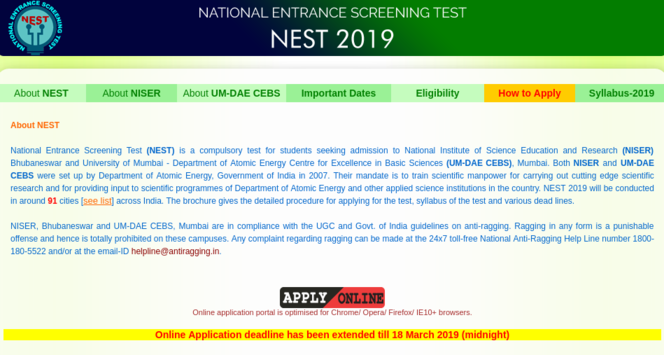 NEST 2019 Application window extended till March 18, 2019 