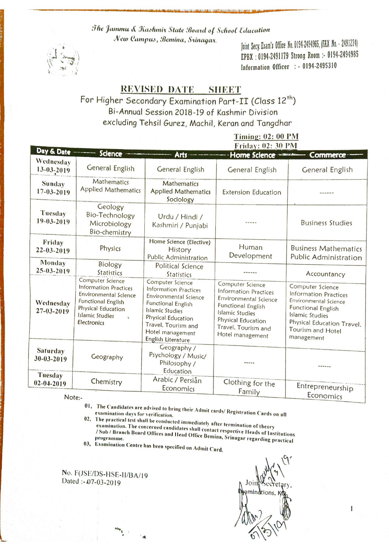 JKBOSE 12Th datesheet bi-annual 2019 exam revised datesheet