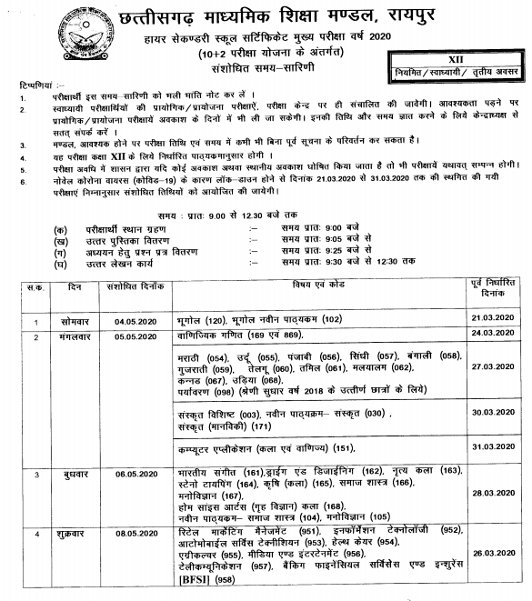 cgbse-12th-schedule