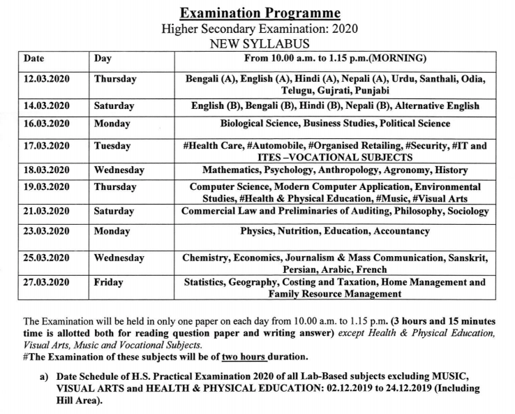 WBCHSE Routine 2020 (Out) for Postponed Exams - Download WB HS Routine Pdf