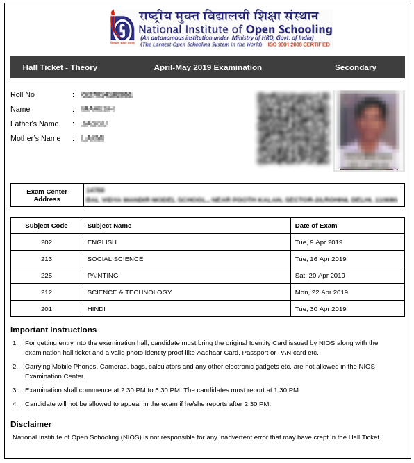 NIOS 10th Admit Card 2020 (October Exam) - Download Hall Ticket Here!