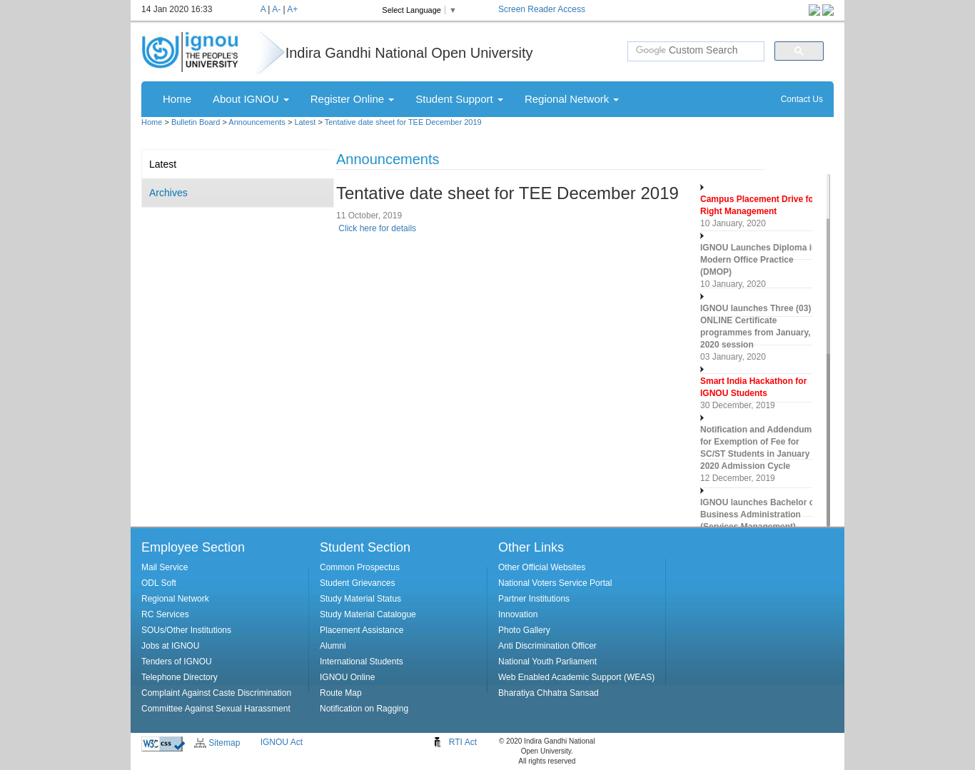 IGNOU Date Sheet 2020 (Released) December Term End Examination Dates