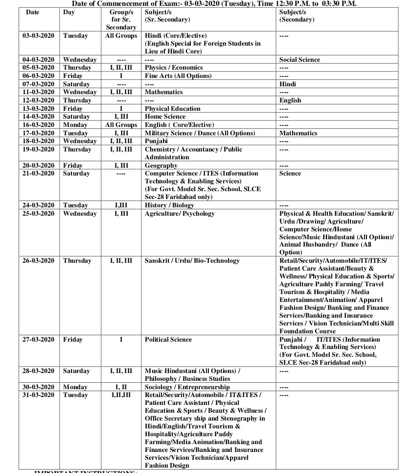 Hbse 10th Date Sheet 2020 Exam Postponed Download Hbse Exam