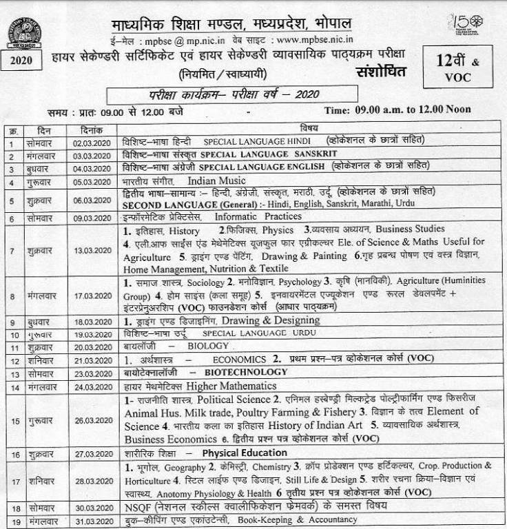 11th Class Time Table 2020 Mp Board Hindi Medium 2020 2019 2018