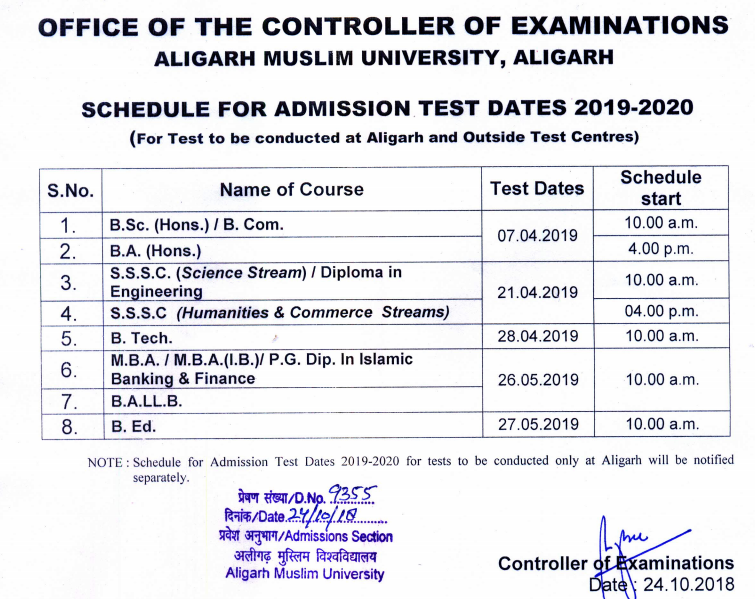 form exam jmi Schedule 2019 (Released), Counselling  AMU Cut Admission